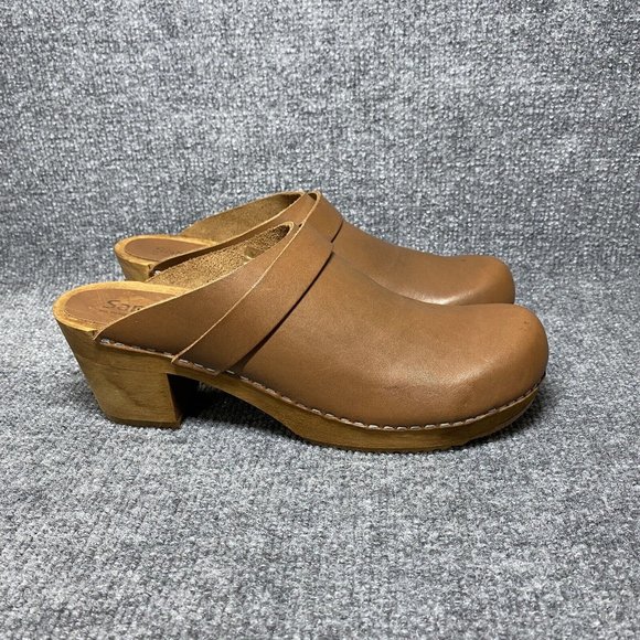 Sanita Wooden Leather Clogs Womens 41 / US 10 Brown Mules Danish Heeled Shoes - Picture 1 of 11